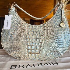 Brahmin Iridescent Blue Haze large Bella Croc-Embossed Hobo Bag